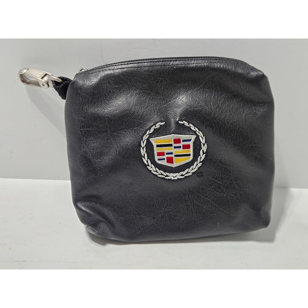 Cadillac Accessory Bag Black Valuables Pouch Zipper Clip Faux Leather Fur Lined